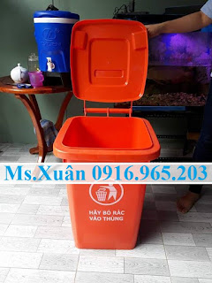 Thùng rác 60 lít nắp kín màu cam, thùng rác màu cam 60L