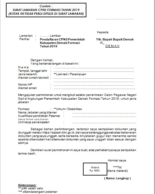 Format Surat Lamaran Cpns 2019 Bkpp Kabupaten Demak