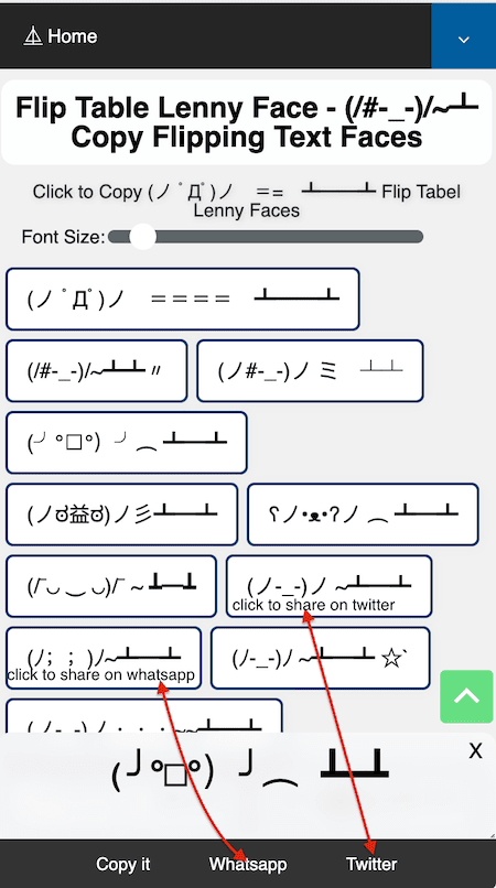 How to Share (ノ｀Д´)ノ~┻━┻ Flip Table Lenny Face On Whatsapp and Twitter?