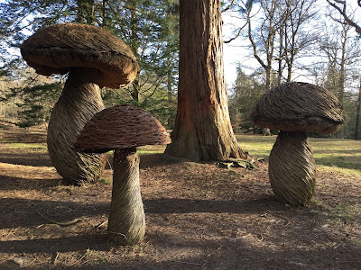 Pic of three large mushroomed-shaped artworks in the woods