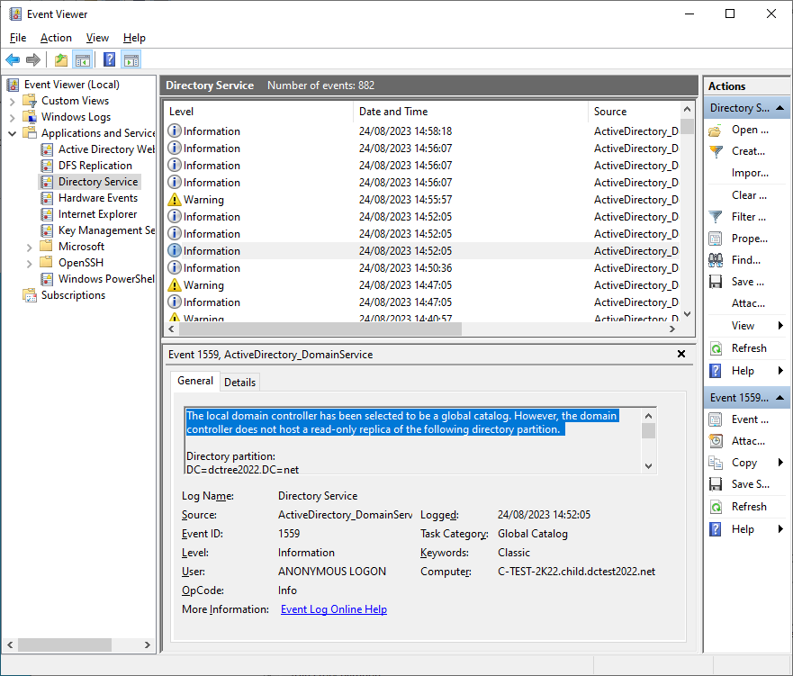 Screenshot of "The local domain controller has been selected to be a global catalog. However, the domain controller does not host a read-only replica of the following directory partition. "