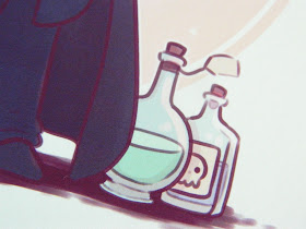 a photo showing a snippet of an art print by Naomi Lord, featuring two potion bottles. One has a skull on the label. 