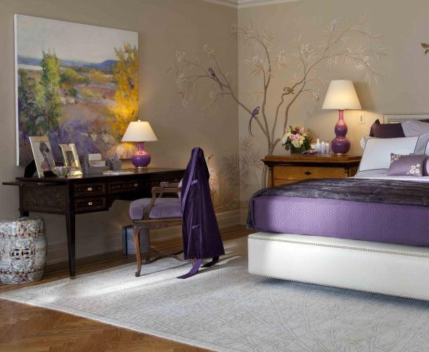  Purple  bedroom  decor  ideas with grey  wall and white accent 