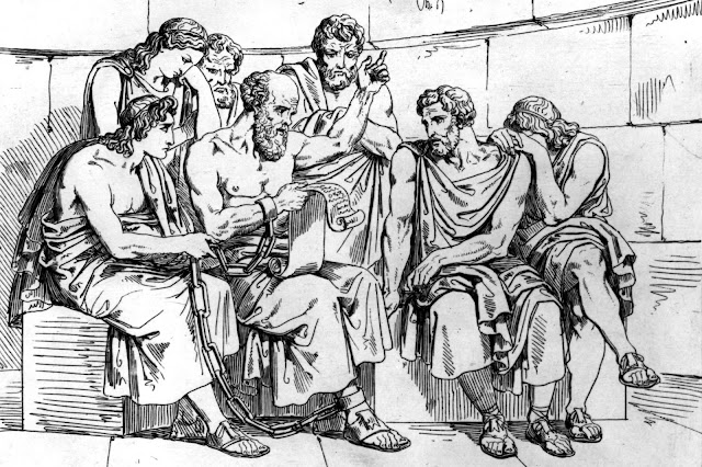 Drawing of people listening to Socrates