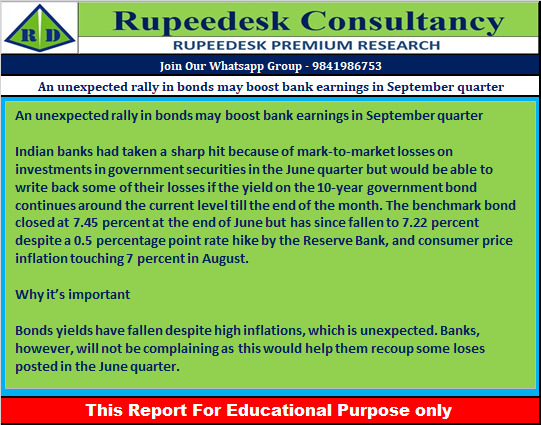 An unexpected rally in bonds may boost bank earnings in September quarter - Rupeedesk Reports - 16.09.2022