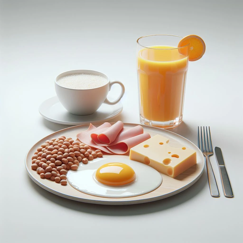 imagen creada con inteligencia artificial de un desayuno de huevo estrellado jamon queso frijoles jugo de naranja cafe