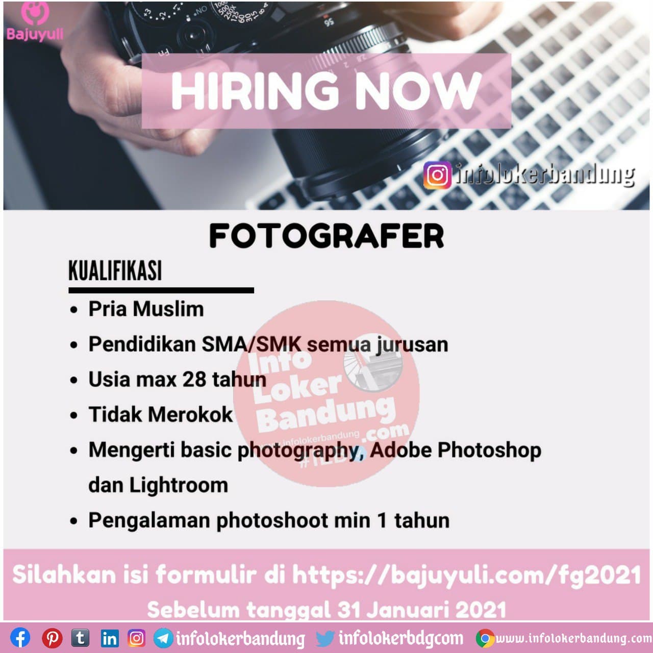 Lowongan Kerja Fotografer Bajuyuli Bandung Desember 2020