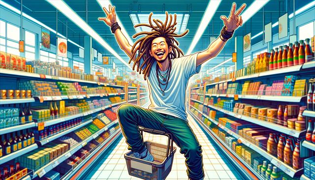 A wide-format illustration of a Japanese man with dreadlocks, wearing casual clothes, joyfully raising his hands inside a supermarket while holding a shopping basket. The scene captures the lively supermarket atmosphere with shelves full of products. The man's cheerful expression and casual attire, featuring a t-shirt and jeans, are the focus. The illustration style is vibrant and colorful, enhancing the joyous mood of the scene and allowing a broader view of the supermarket environment.