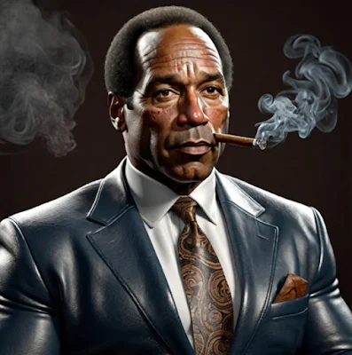 OJ Simpson from the chest up smoking a cigar and wearing a dark blue leather blazer