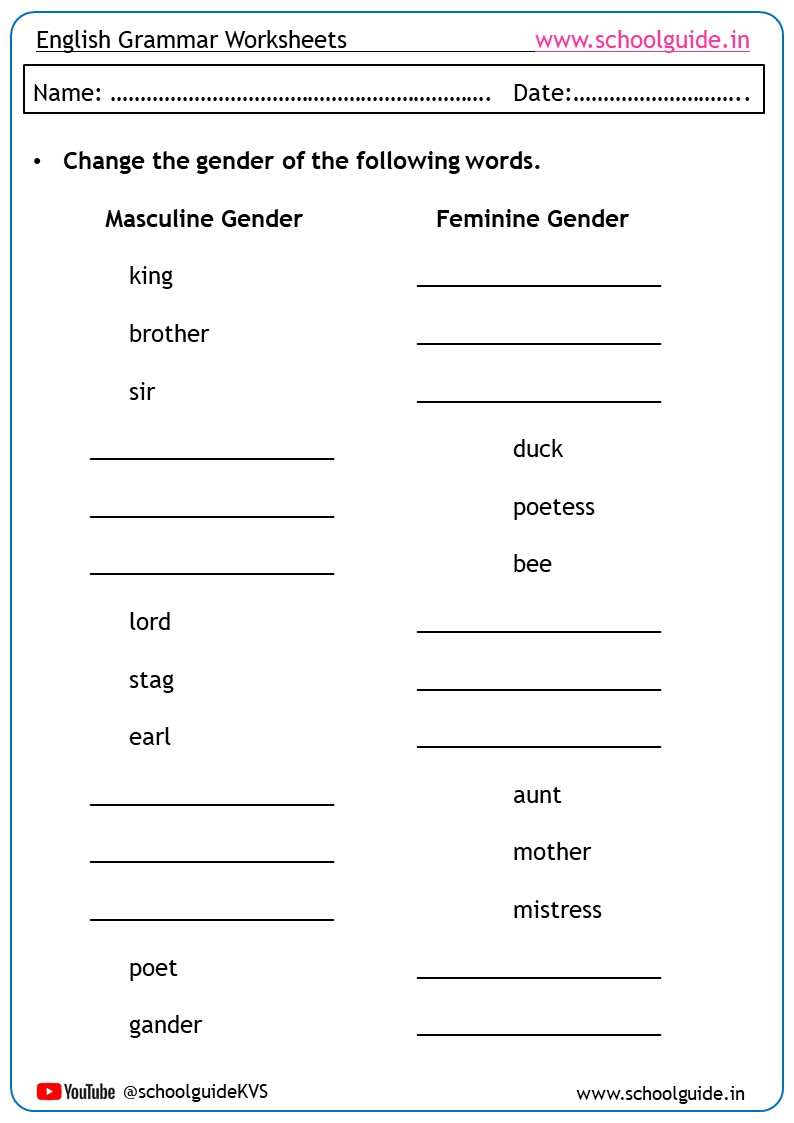 Noun Gender Worksheets