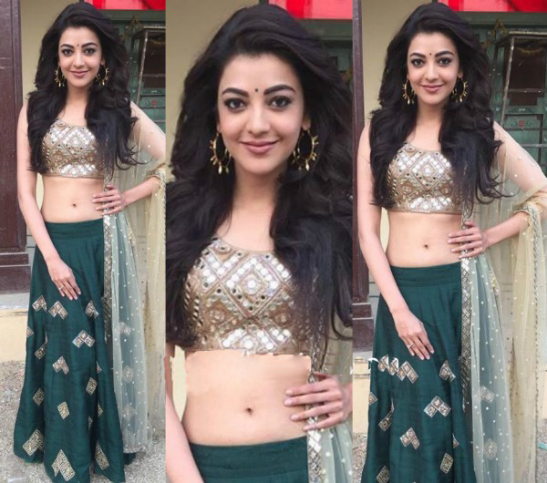 Kajal Aggarwal Mirror Embellished Green & Gold Lehenga Choli at Set of Sardaar Gabbar Singh