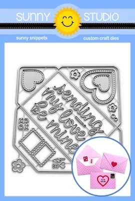 Sunny Studio Stamps Gift Card Envelope Metal Cutting Dies with Stitched Hearts, Postage Stamps & Valentine's Day Script Words