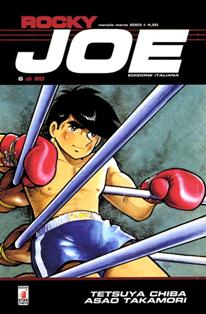 Rocky Joe 6 - Marzo 2003 | CBR 215 dpi | Mensile | Fumetti | Manga | Shounen | Azione | Fantasy
Numero volumi : 20
Rocky Joe è un shounen manga di Tetsuya Chibae Asao Takamori per la Kodansha, mentre in Italia la pubblicazione è stata a cura della Star Comics.
Fino a poco prima della pubblicazione di Ashita no Joe, in Giappone l'idea diffusa era che i manga fossero un prodotto rivolto solo ai bambini.
La storia di Joe Yabuki conquistò invece il pubblico di tutte le età, tanto che il suo successo continua tutt'oggi, e il personaggio è divenuto una sorta di icona popolare.
All'epoca della prima pubblicazione su rivista, nacque il modo di dire «tenere l'Asahi Journal nella mano sinistra e Shonen Magazine nella mano destra», che stava a significare la fruibilità di Ashita no Joe anche per adulti che normalmente leggono i quotidiani.
Girovagando per Tokyo il giovane Joe Yabuki, orfano senza casa e senza denaro, viene alle mani prima con una banda di ragazzini di un quartiere dormitorio e poi rincara la dose con un gruppo di Yakuza dimostrando, durante le due risse, di avere delle capacità fisiche fuori dal comune.
Il vecchio «pugilomane» Dampei Tange, ex allenatore di pugilato ora senzatetto e alcolista, vede nel ragazzo una possibilità di tornare a testa alta nel mondo della boxe arrivando al successo lungamente sperato e sconfiggendo definitivamente i fantasmi del suo passato.