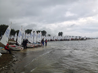 Optimist fleet waiting to launch at the Volvo Gill End of Season Championships 2013