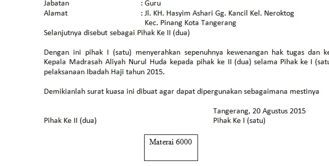 Surat Kuasa Karena Kepala Sekolah Berangkat Haji