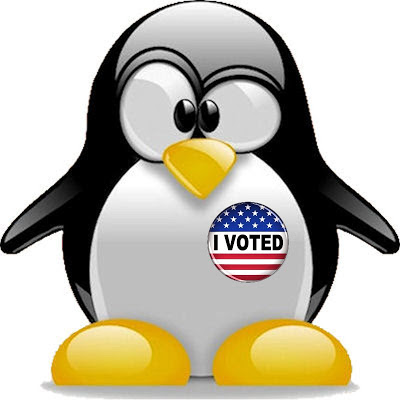 A penguin with an 'I voted' badge
