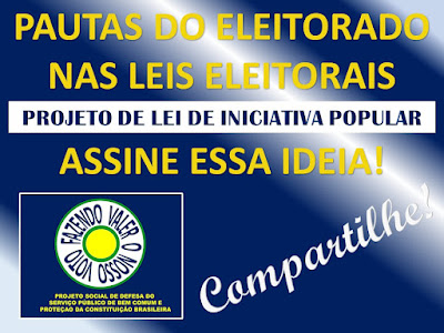 Imagem de fundo azul informando um projeto de lei de iniciativa popular propondo a inclusão do registro de pautas do eleitorado nas leis eleitorais.