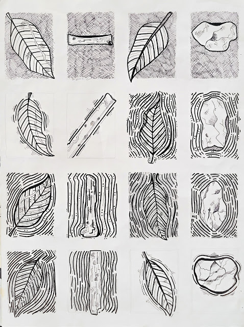 This is a texture inventory drawing study from artist Dawn Hunter's Foundations class.