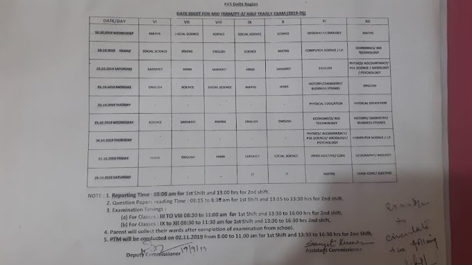 अर्ध वार्षिक परीक्षा की समय सारणी 2019-20