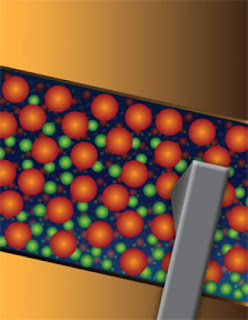 Caption: Top view of the ruthenium tris-bipyridine light-emitting device created by Cornell researchers. The ruthenium metal complex is represented by red spheres, and counter ions are represented by green spheres. The material is sandwiched between two gold electrodes. Also visible is the probe of the electron force microscope used to measure the electric field of the device. Credit: Cornell University. Usage Restrictions: None.