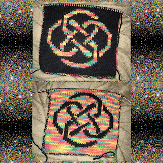 Collage of 2 photos, one of each side of a square of double-knitting. Top: A knotwork motif knit in rainbow variegated yarn on a background of black, all knit in stockinette stitch. Bottom: The same knotwork motif as the top, but knit in black on a rainbow variegated background, again all in stockinette stitch.