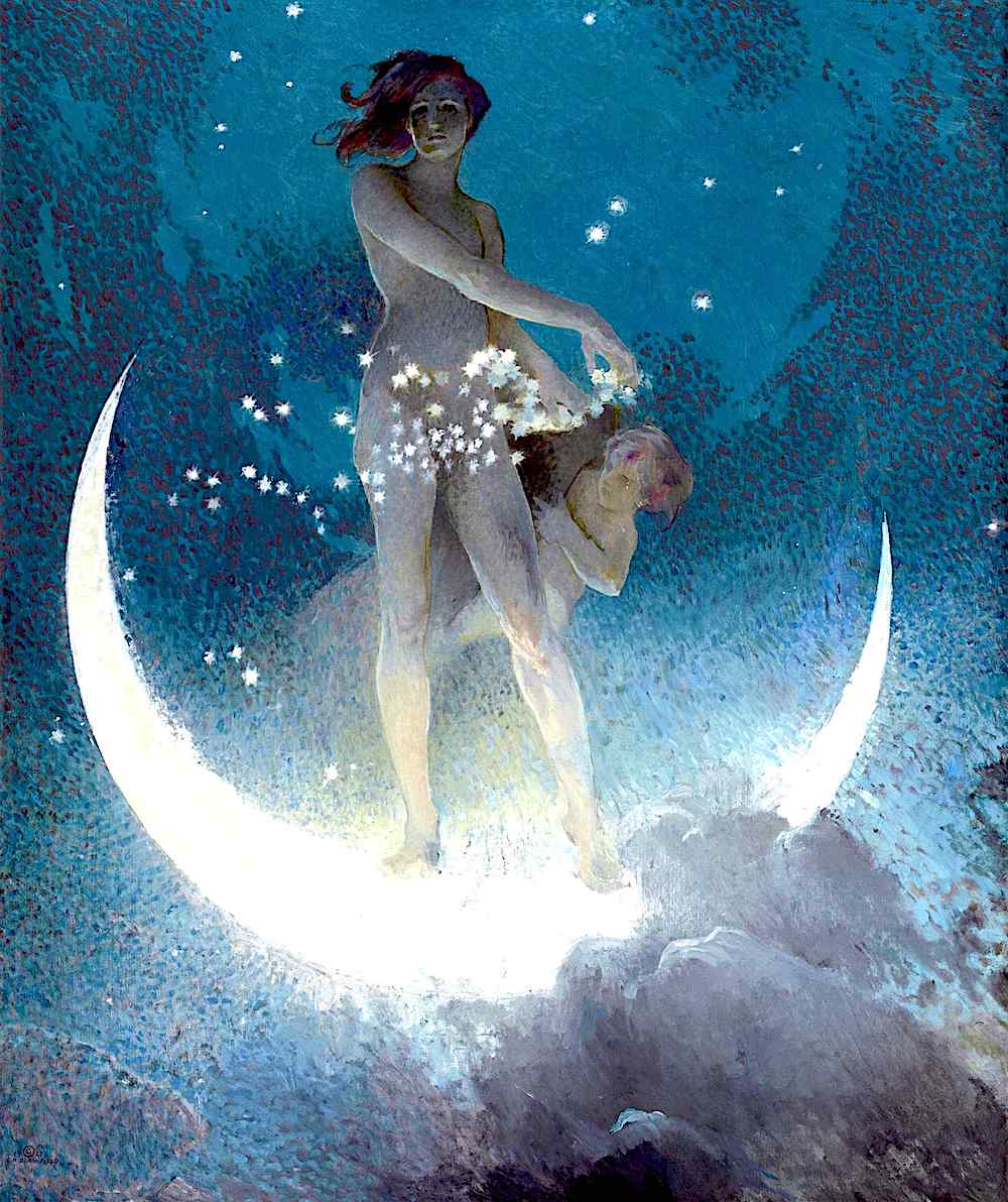 an Edwin Howland Blashfield 1927 color image of a moon goddess sprinkling stars