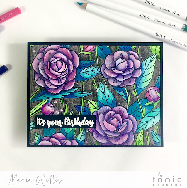 #maria willis, #cardbomb, #tonicstudios, #tonicstudiosusa, #tonicstudiosgardenparty, #nuvo, #cards, #cardmaking, #handmade, #handmadecards, #stamp, #ink, #paper, #papercraft, #craft, #create, #color, #pencils