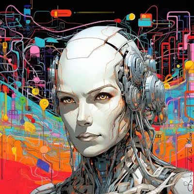 police android robot futuristic city female wires art illustration