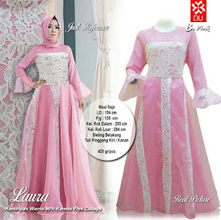 Baju Pesta Muslim Laura Maxi Brukat Warna Pink Bahan Ceruti