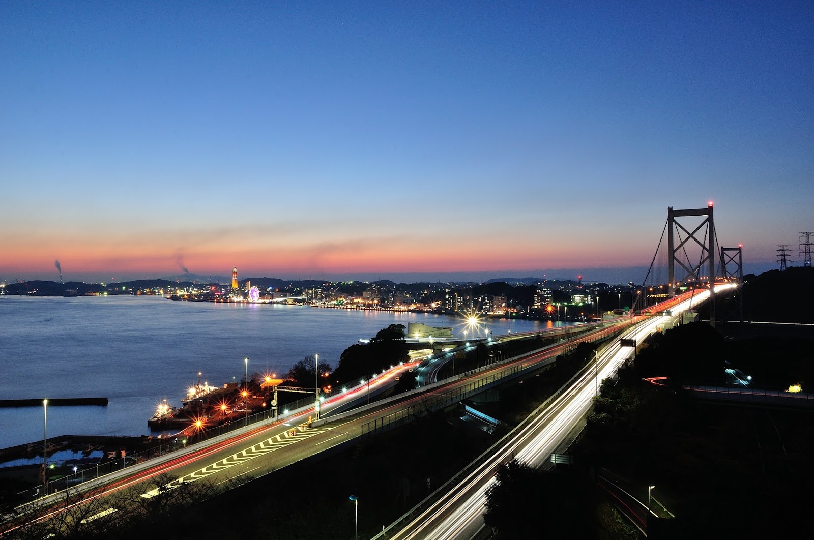 日本北九州 小倉 門司港 關門大橋黃昏 夜景