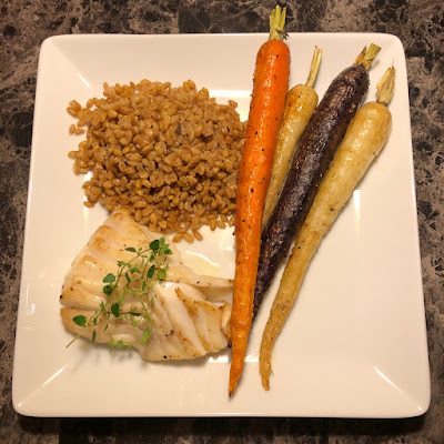 Pan seared halibut, farro and oven roasted rainbow carrots