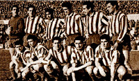 CLUB ATLÉTICO DE MADRID - Madrid, España - Temporada 1956-57 - Pazos, Rusiñol, José Hernández, Ramón Cobo, Verde, Agustín; Miguel, Peiró, Callejo, Rafa y Enrique Collar - ATLÉTICO DE MADRID 1 (Rusiñol), VALENCIA C. F. 0 - 27/01/1957 - Liga de 1ª División, jornada 20 - Madrid, estadio Metropolitano - 5º clasificado en la Liga, con Antonio Barrios de entrenador