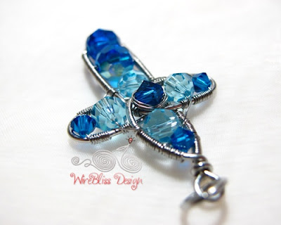 Blue themed Wire Wrapped Cross with Swarovski Crystal