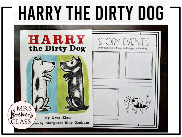 Harry the Dirty Dog book activities unit with literacy printables, reading companion worksheets, lesson ideas, and a craft for Kindergarten and First Grade