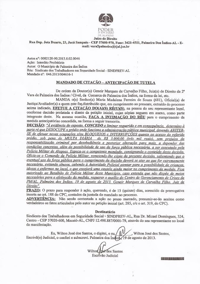 JUSTIÇA DETERMINA RETIRADA DE MANIFESTANTES DO PRÉDIO DA PREFEITURA