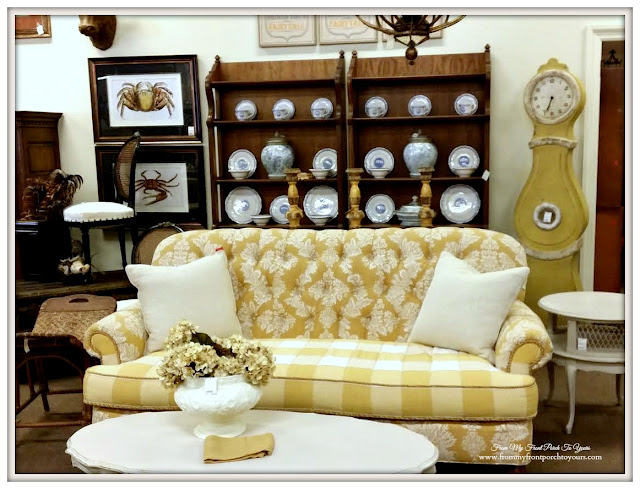 Yellow Damask Couch-Antique Shopping-SThe Savvy Shopper- From My Front Porch To Yours