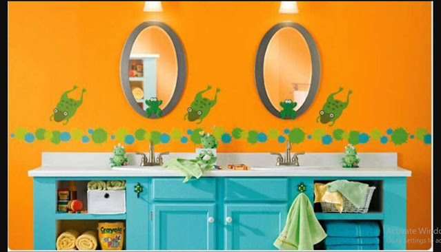 Orange Bathroom Paint Ideas with combinations green wall bathroom painting orange wall white stainless faucet twin round mirror twin gray round mirror frame blue wooden bas