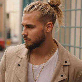 A man with blonde hair in a bun