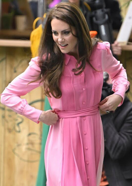 Princess of Wales wore a sugar pink bubblegum colour block silk shirt dress by ME+EM. Catherine Zoraida Fern gold leaf earrings