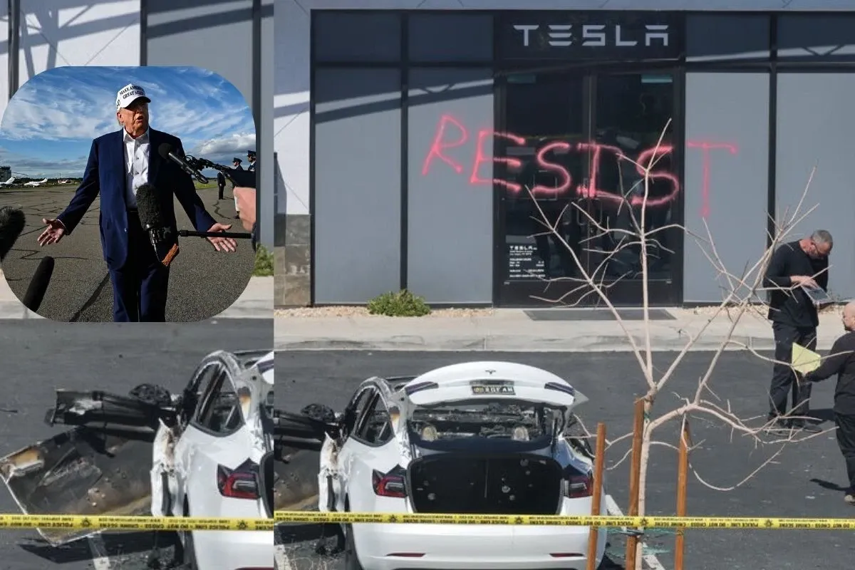 Imagem de protesto contra loja Tesla em Berlim com carros destruídos, exterior de loja Tesla com graffiti 'RESIST' na parede e pessoas investigando o local.