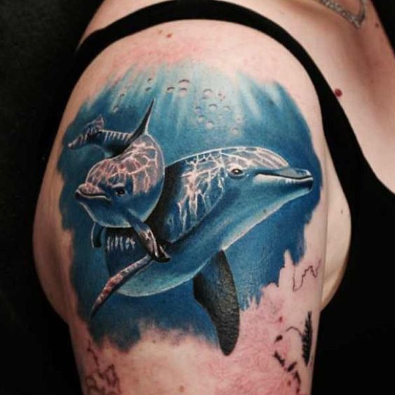 Blue-Colour-Dolphins-Shoulder-Tattoo