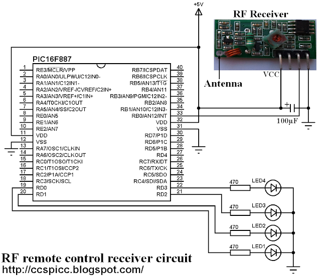 433MHz - 315MHz RF remote control receiver circuit using PIC16F887 microconroller