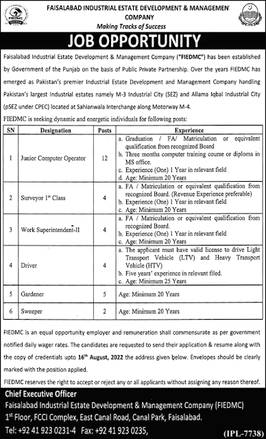 Faisalabad Industrial Estate Development and Management Company FIEDMC Jobs 2022