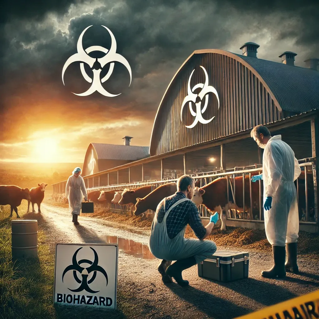 Een moderne boerderij onder dreiging van een MKZ-uitbraak, met boeren die vee inspecteren en een waarschuwingsbord met biohazard, tegen een dramatische zonsondergang en donkere wolken.