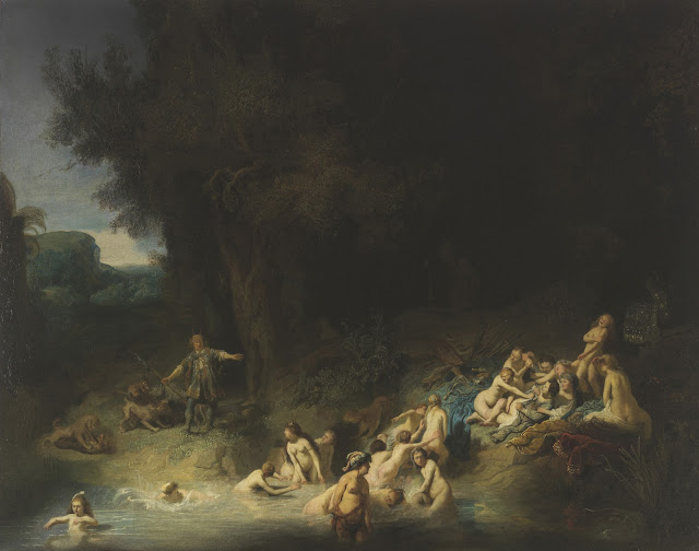 A dark painting of women in various states of undress splashing about in water. To the left are wolves fighting. To the right are some naked women undressing a woman wearing a dress. There are dark, looming trees in the top right corner.