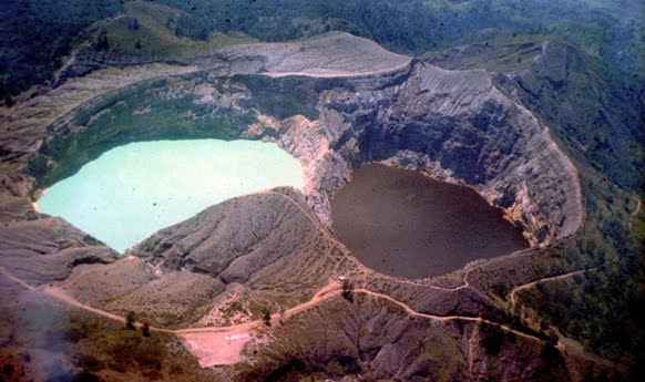 three differently colored crater lakes