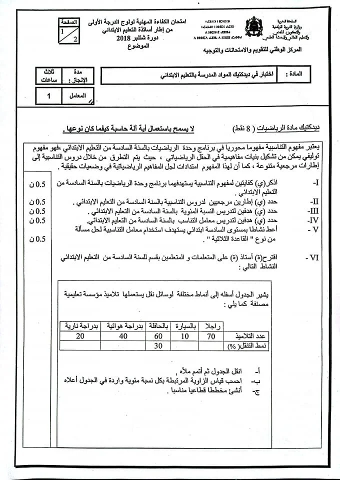 الامتحان المهني لولوج الدرجة الأولى للتعليم الابتدائي اختبار ديداكتيك المواد دورة شتنبر 2018