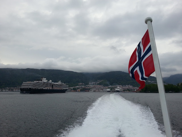 Holland America Line cruise ship Zuiderdam in Bergen, Norway; under the Askøy bridge