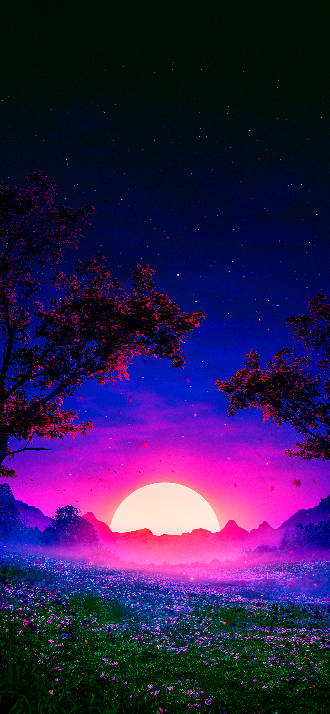 Beautiful illustration of a nature sunset to use as background wallpaper on iPhone and Android mobile.