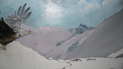  Work in Progress, Underpainting. Source shows close up Distant mountains close up.